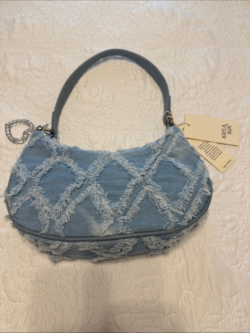 Light Blue Denim Shoulder Bag with Frayed Diamond Stitch